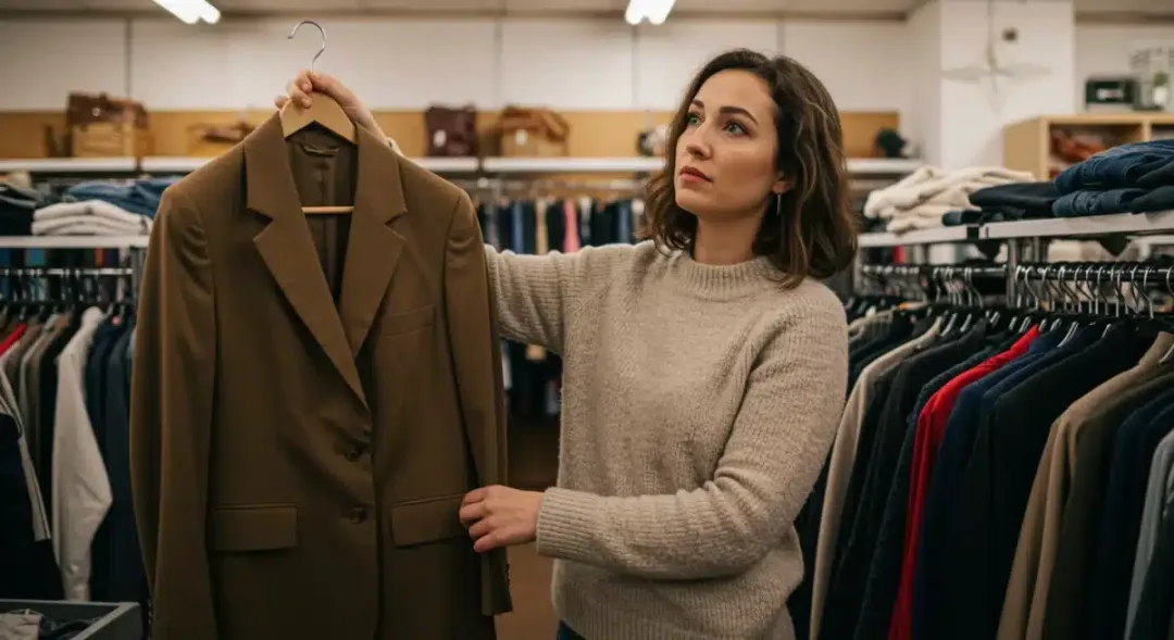 Woman thrifting for unique and affordable fashion pieces