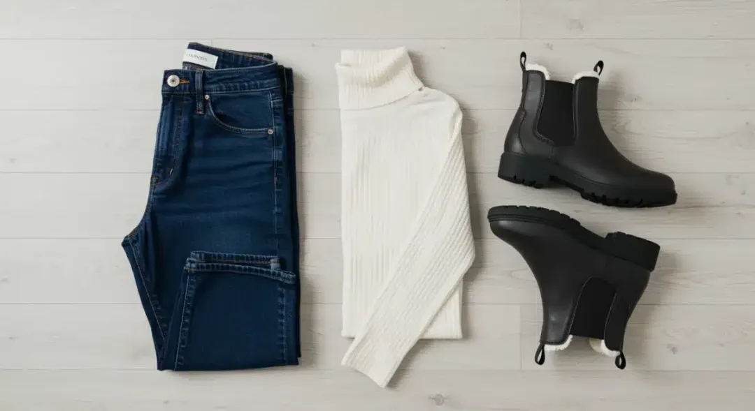Flat lay of versatile dark wash jeans, white turtleneck, and Chelsea boots