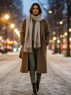 Woman in stylish oversized wool coat and cashmere scarf on a snowy city street