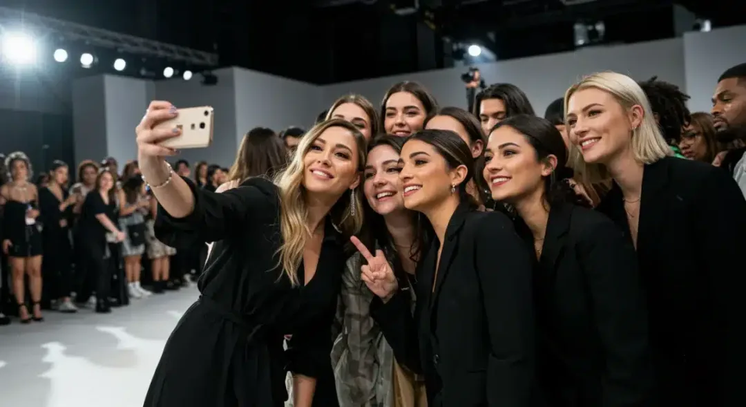 Fashion influencer engaging with attendees at a bustling US fashion event, demonstrating increased attendance.