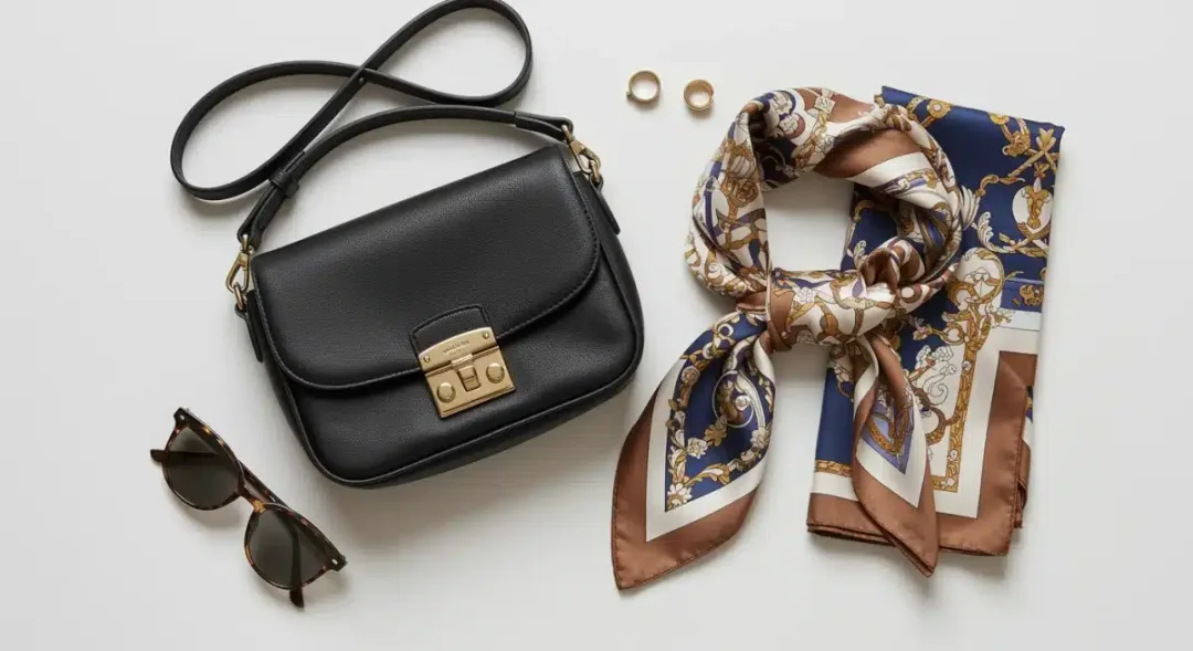 Stylish crossbody bag, patterned scarf, and classic sunglasses laid flat, affordable fashion