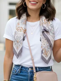 Woman accessorizing simple outfit with budget-friendly jewelry, bag, and scarf