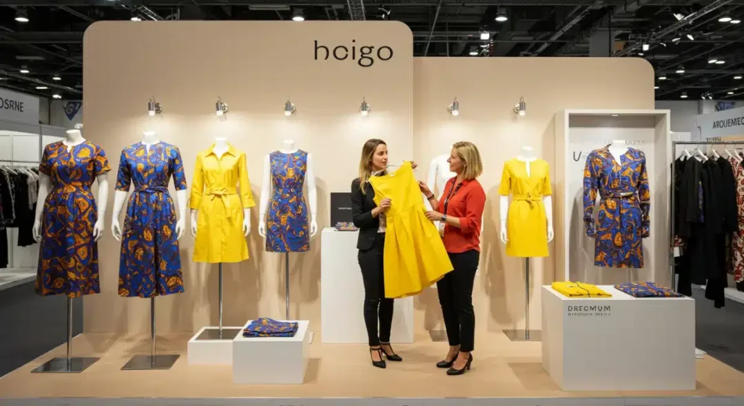 Well-organized fashion brand booth at a trade show, showcasing new collections.