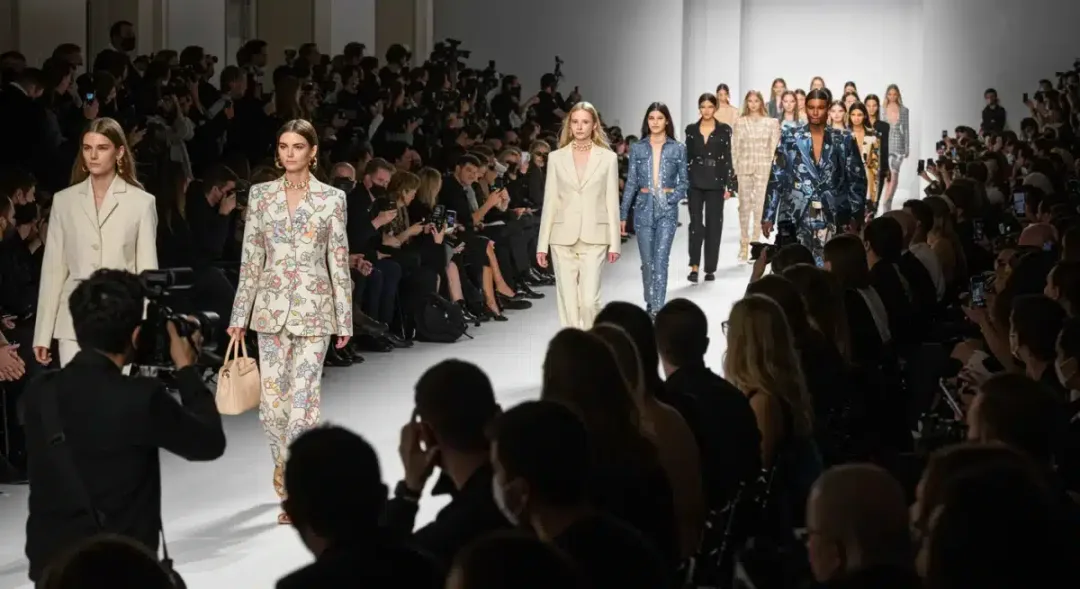 Vibrant fashion show in a modern venue, showcasing new trends and stylish attendees.