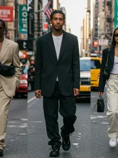 Stylish individuals showcasing celebrity-inspired street style in a US city, 2026.