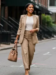 Stylish woman in affordable designer dupes walking urban street