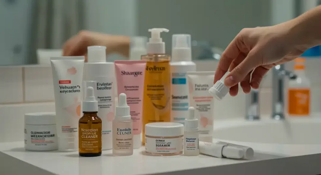 Assortment of affordable drugstore skincare products on a bathroom counter.