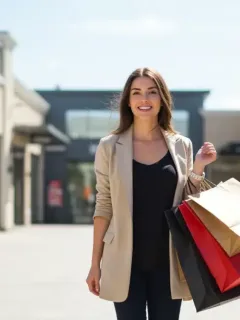 Woman with shopping bags leaving a modern outlet mall, depicting successful designer deals.