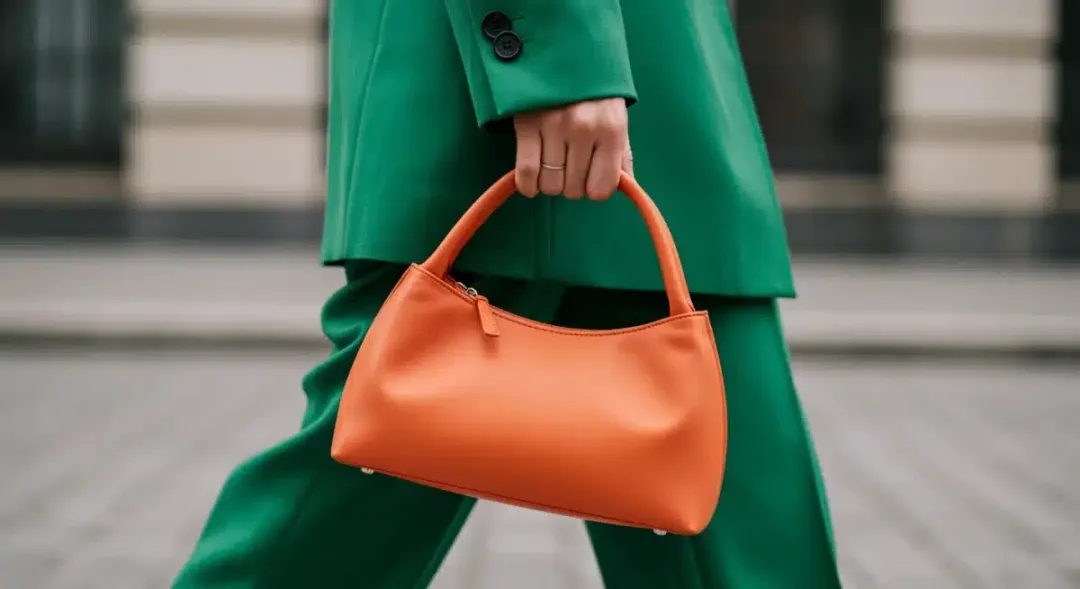 Person sporting a brightly colored structured handbag and large, futuristic sunglasses, embodying the 'Bold Bags and Shades' trend for 2026.