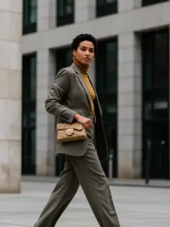 Woman adapting high fashion trends for everyday wear in a city setting