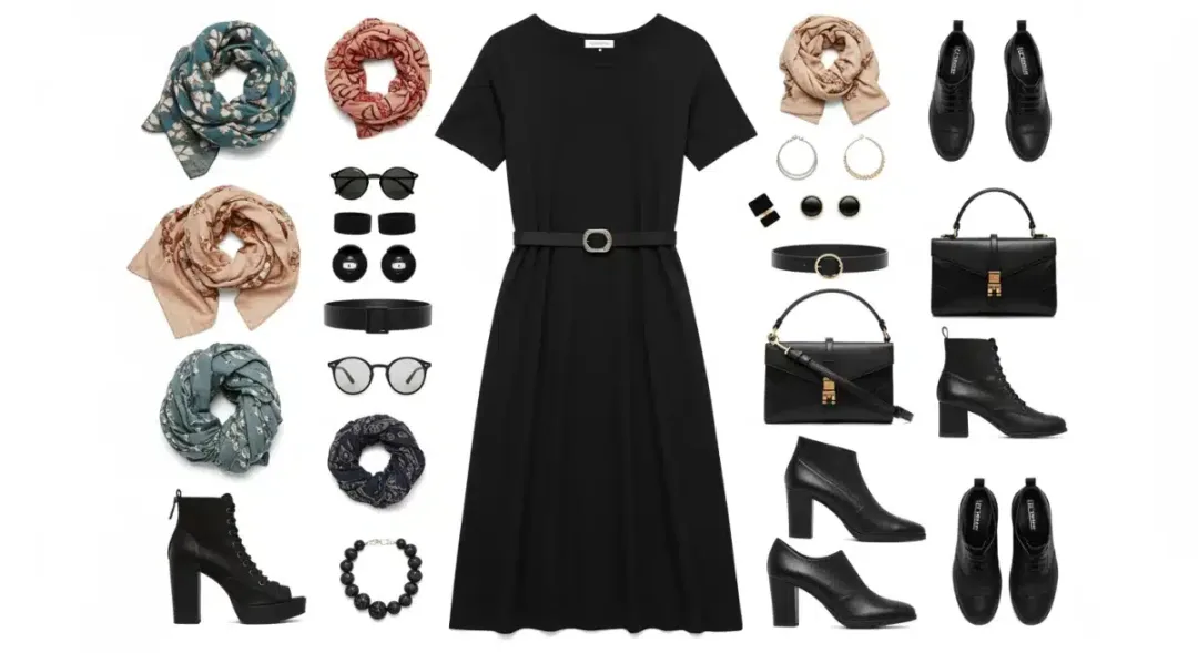 Flat lay of a versatile dress with styling accessories like scarves, belts, and jewelry.