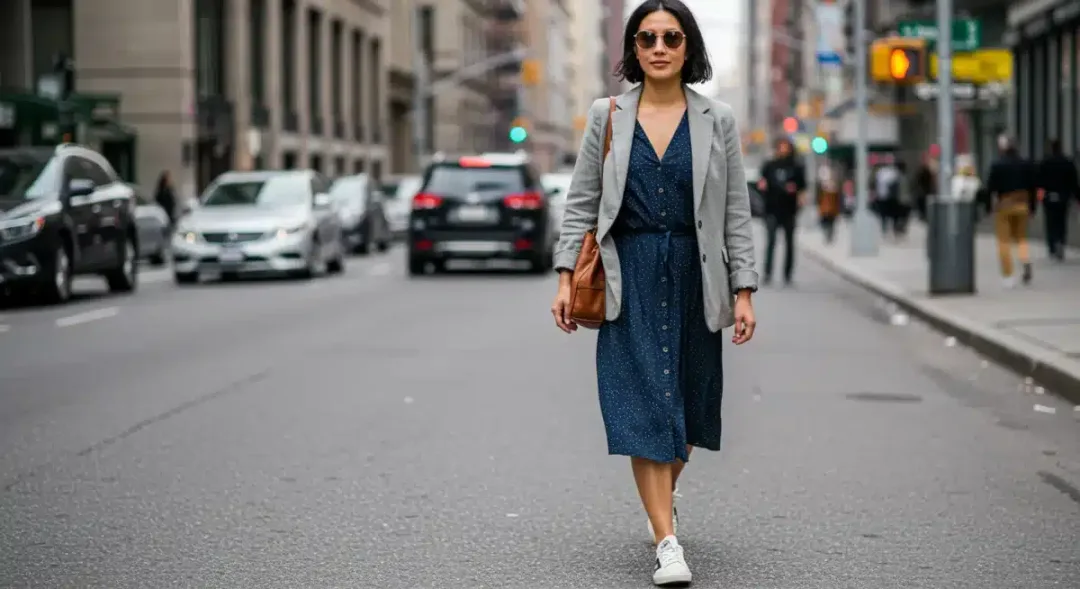 Woman styling a multipurpose dress with a blazer and sneakers for a chic city look.