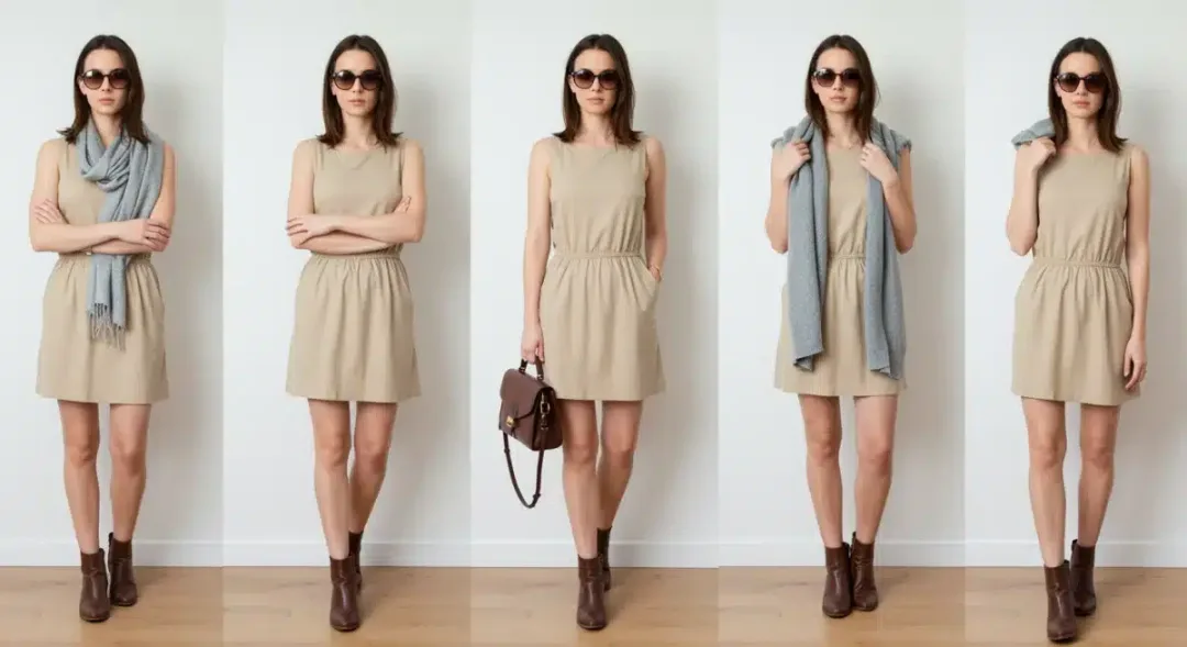 Woman demonstrating versatile styling of a single affordable dress for various occasions.