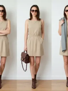 Woman demonstrating versatile styling of a single affordable dress for various occasions.