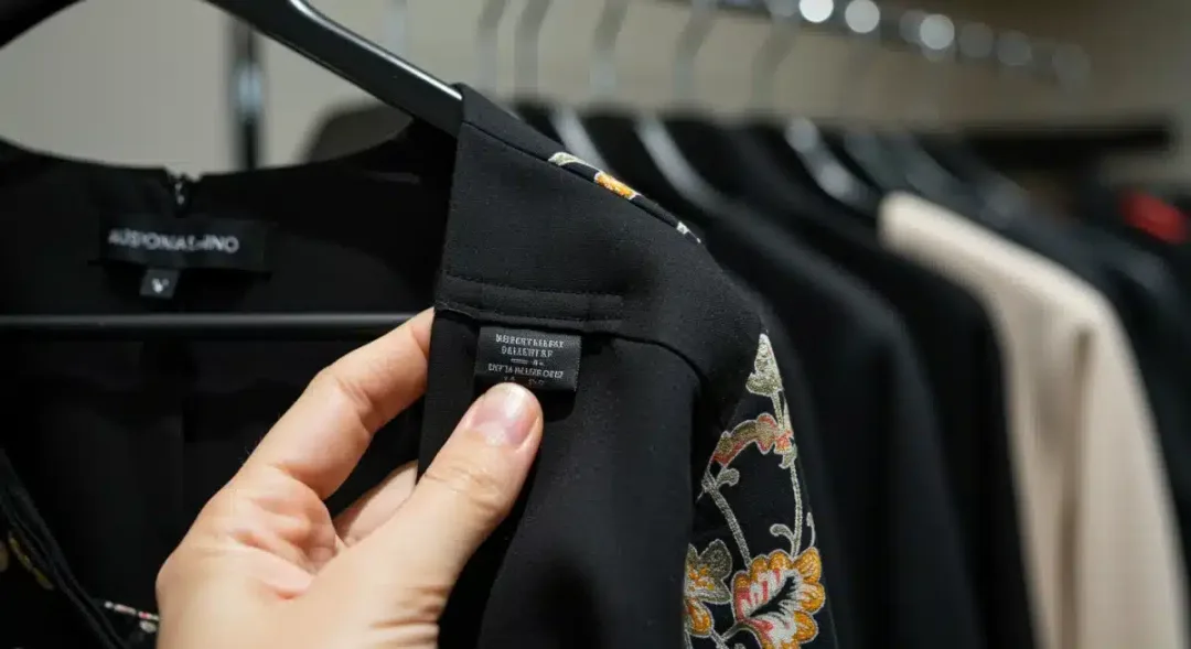 Hand inspecting authentic designer dress label and stitching for quality assurance.