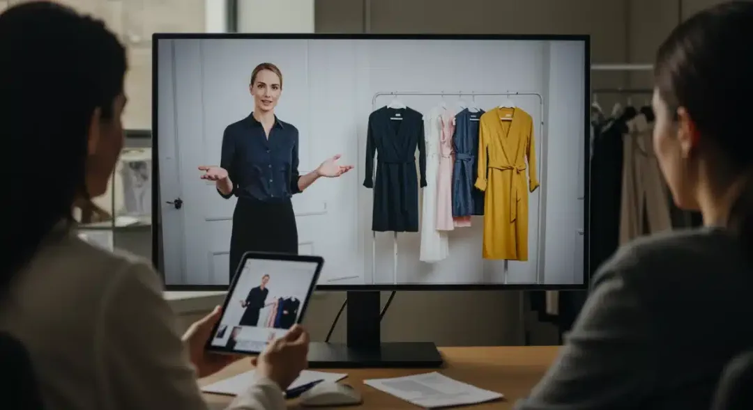Designer presenting new collection in a digital showroom, viewed by a buyer on a tablet, highlighting virtual engagement.
