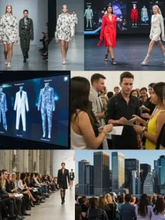 Dynamic collage representing 2026 US Fashion Week, blending physical runways with digital showcases and diverse attendees.