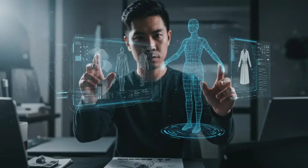 Fashion designer utilizing holographic and AI tools for virtual garment creation