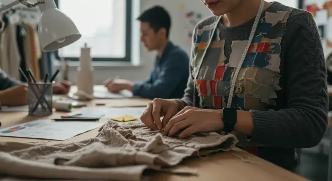 Designer meticulously crafting sustainable garment from recycled textiles