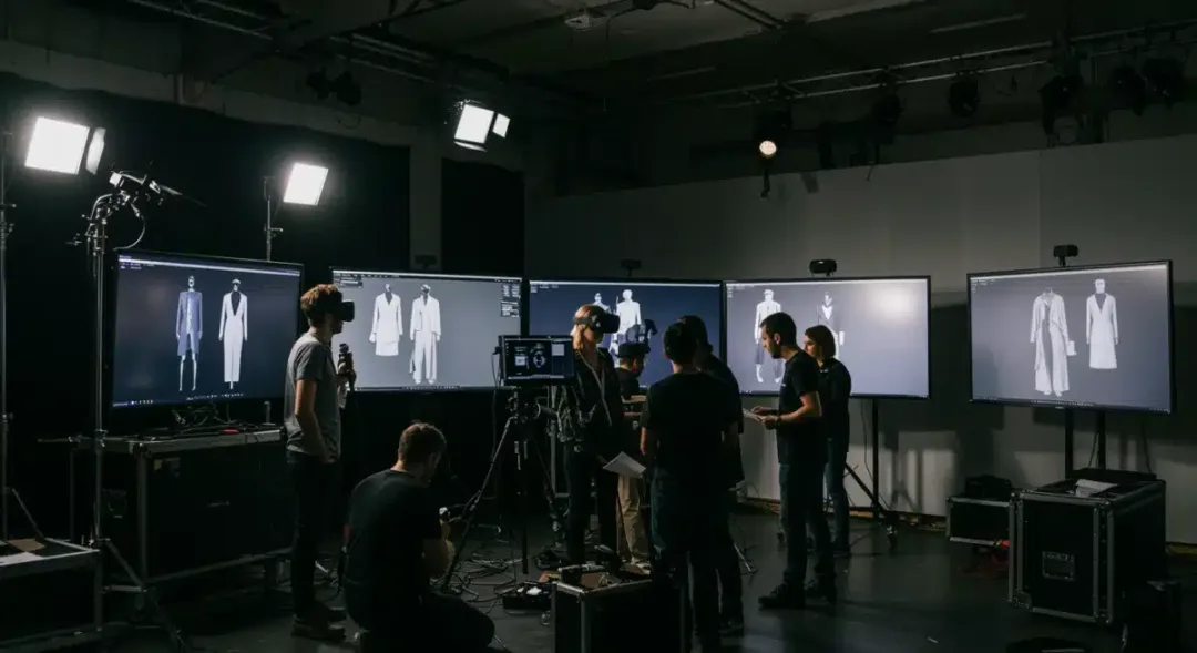 Fashion event production team setting up virtual reality and digital displays