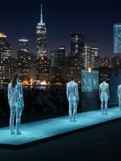 Futuristic fashion show with hybrid elements and digital integration for 2026