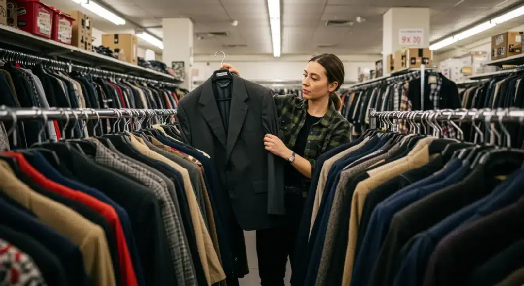 Shopper examining a vintage blazer in a well-organized thrift store.