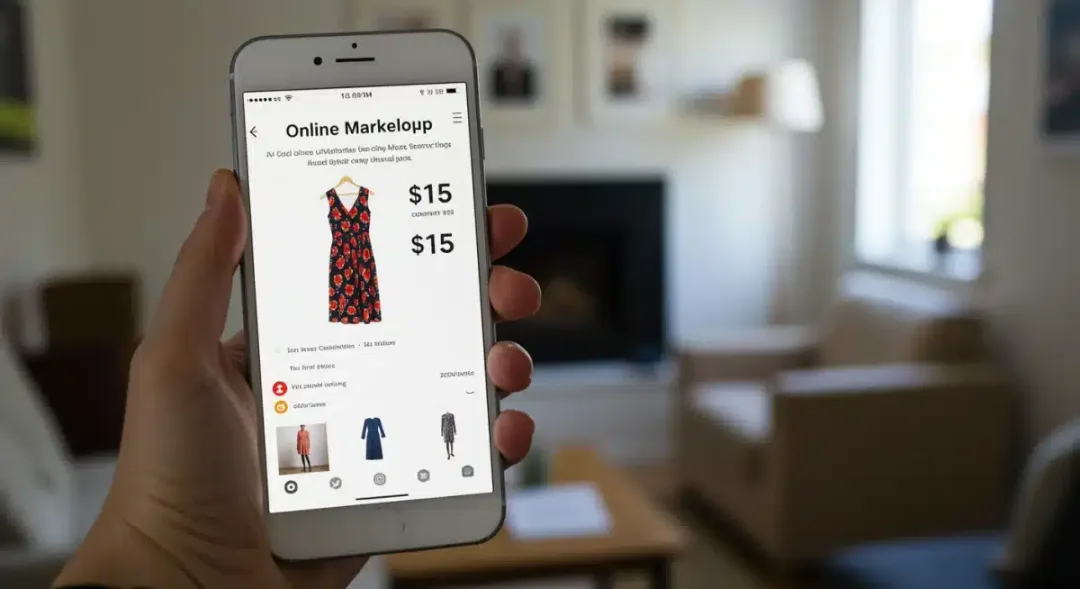 Hand holding a smartphone browsing an online thrift store app for budget fashion.