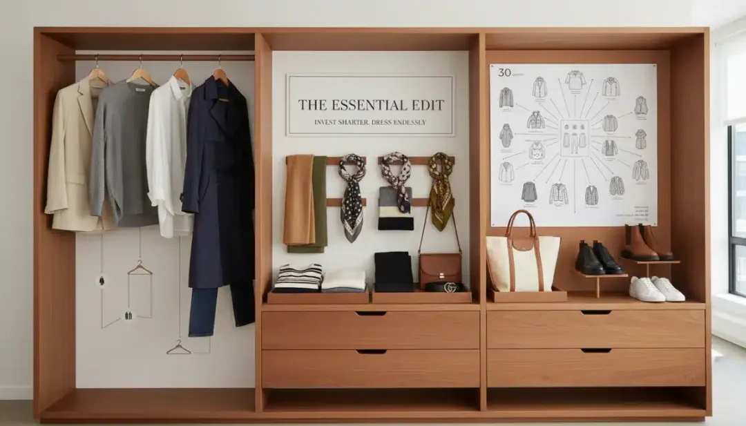 Capsule wardrobe display with versatile, interconnected clothing items