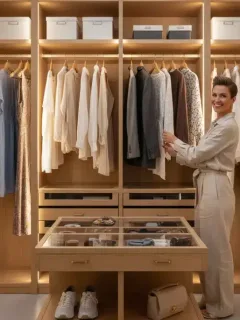 Woman organizing a minimalist, budget-friendly closet for 2026 style