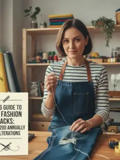 Woman mending clothes, symbolizing DIY fashion hacks and savings on alterations.