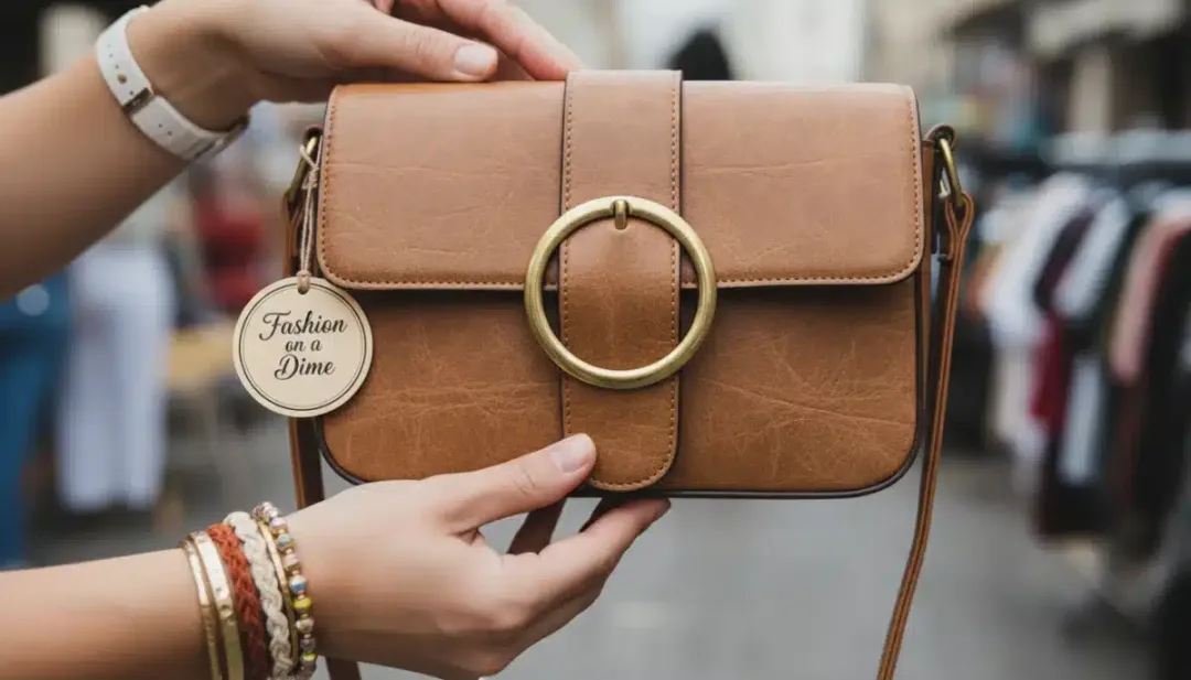 Hands adjusting a trendy, affordable crossbody bag with stacked bracelets