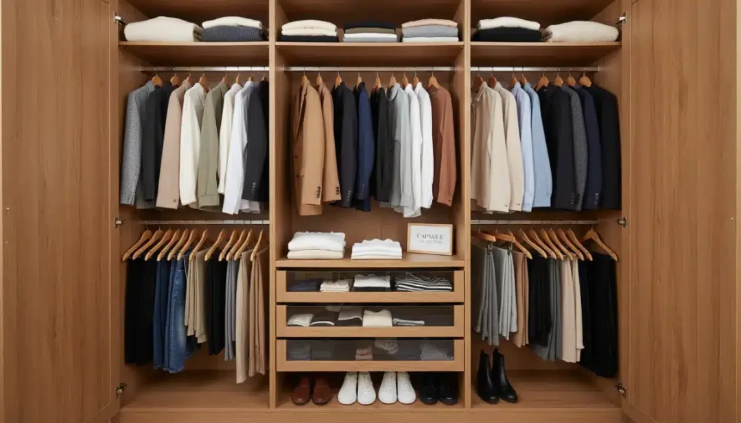 Organized capsule wardrobe with versatile clothing items, promoting sustainable fashion choices.