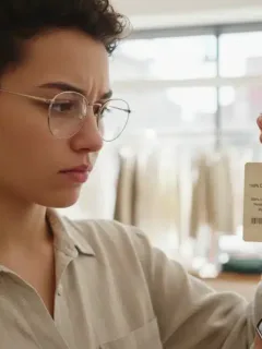 Woman carefully examining a clothing tag in a store, making a conscious purchasing decision.