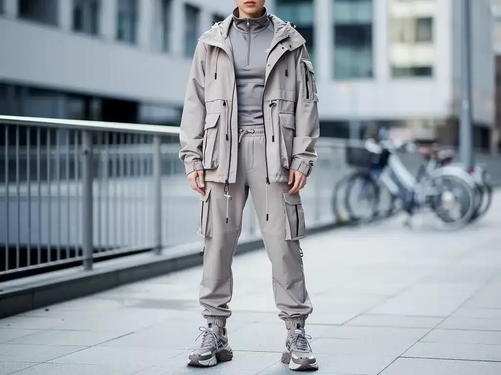 Model wearing utility-chic athleisure with cargo joggers and oversized anorak