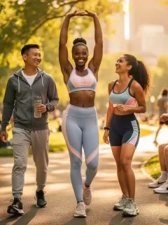 Summer 2026 athleisure styles in a vibrant urban park with diverse individuals