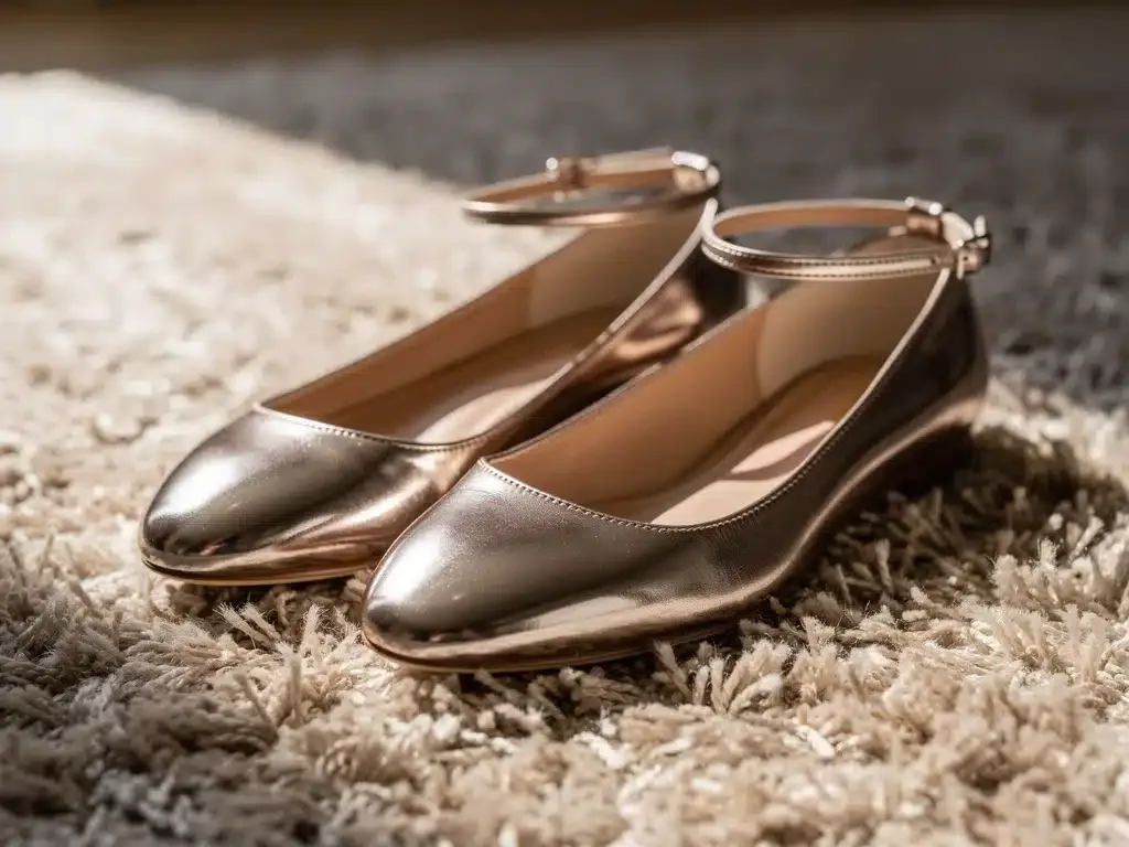 Sleek metallic ballet flats, an elegant celebrity shoe trend for 2026, on a soft rug