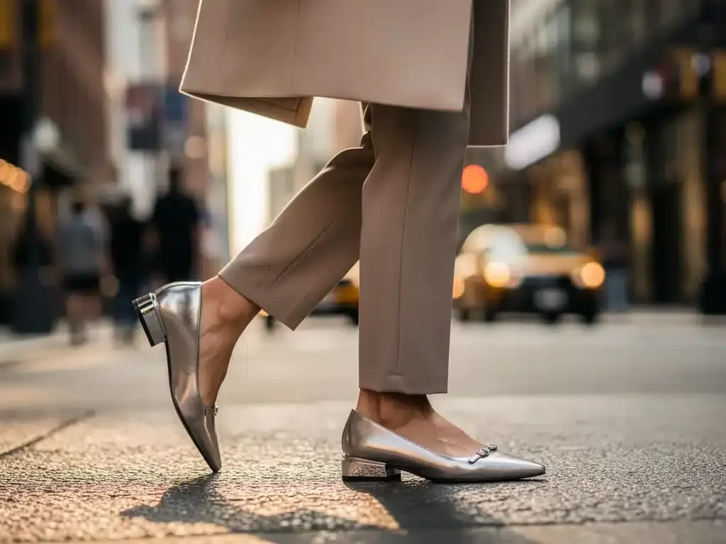 Stylish woman in affordable celebrity-inspired shoes, navigating a city street