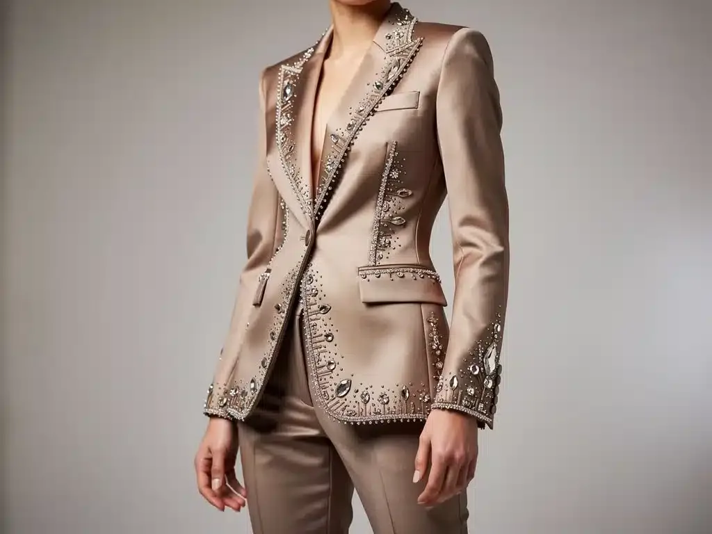 Model wearing an embellished blazer, showcasing an accessible Met Gala trend for everyday wear.