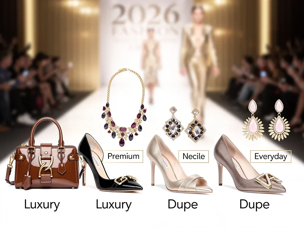 Seven A-List accessory dupes alongside their luxury inspirations, showcasing 2026 fashion trends.