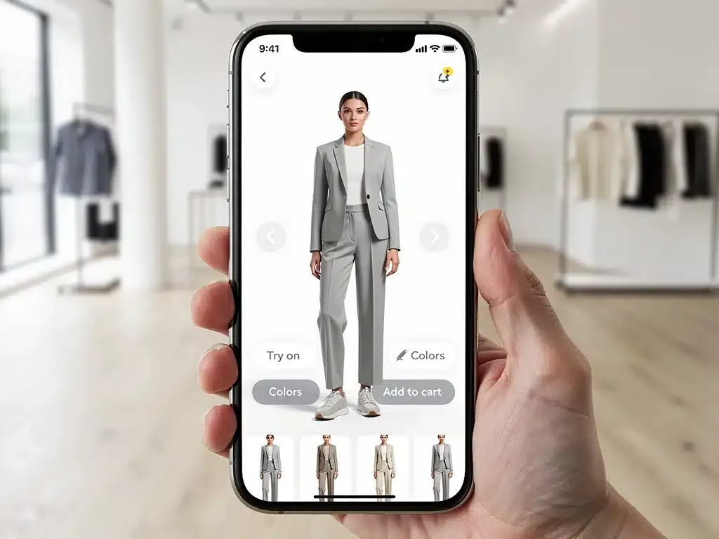 Virtual try-on app on a smartphone, showcasing interactive online retail experiences.