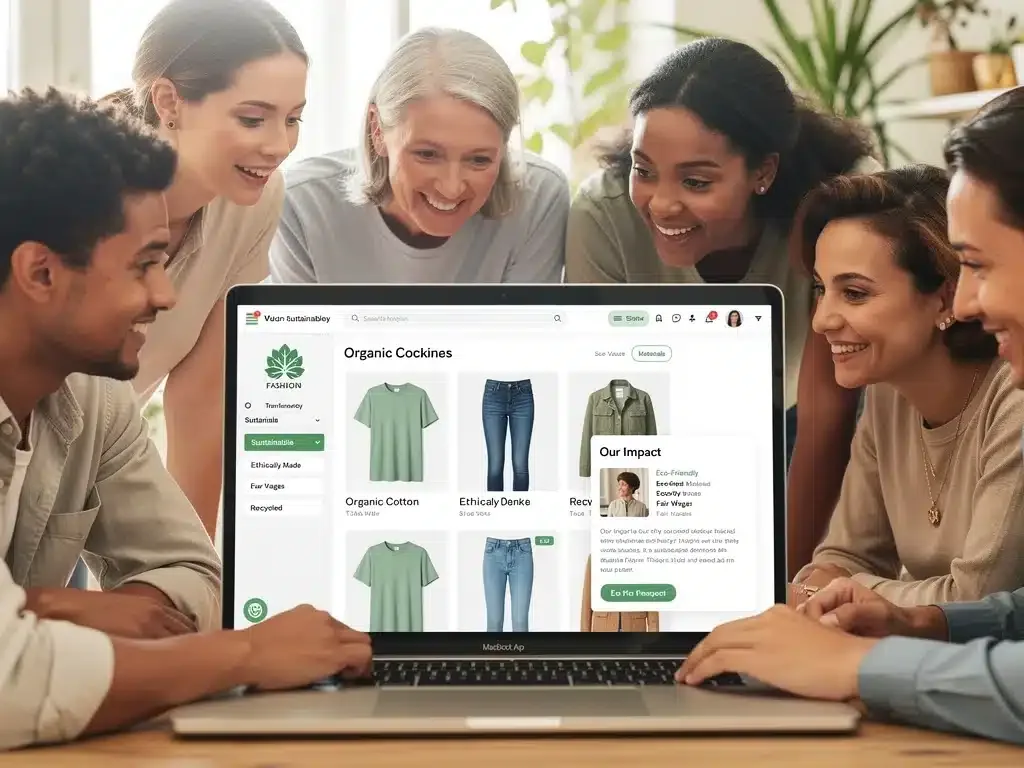 Consumers engaging with sustainable fashion features on an e-commerce platform.