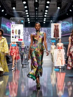 Models on a runway at US Fashion Week, highlighting digital fashion and e-commerce integration.