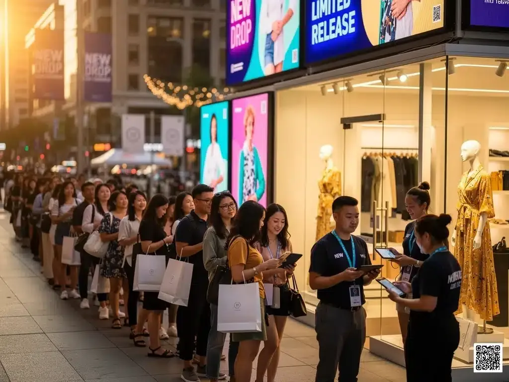 Consumers engaging with a street-style limited-edition drop promotion during a 2026 fashion event.