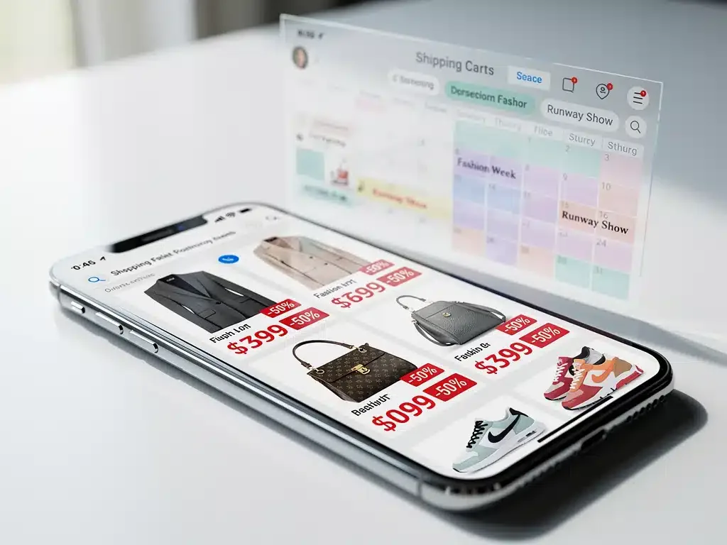 Smartphone showing online shopping cart with discounted designer clothes and calendar for fashion events.