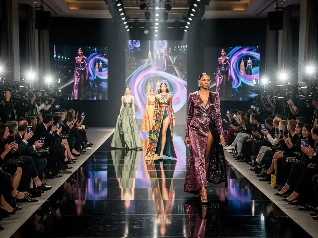 Models on a bustling fashion show runway, capturing the energy of a major fashion event.