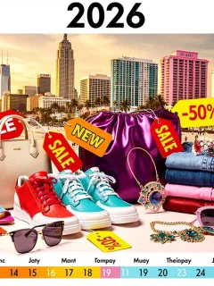 Dynamic collage of fashion items, sale tags, and US cityscapes for 2026 fashion event sales. US Fashion Event Sales
