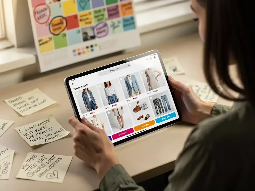Woman browsing online fashion retail on a tablet, planning purchases based on upcoming fashion event schedules and trend analysis.