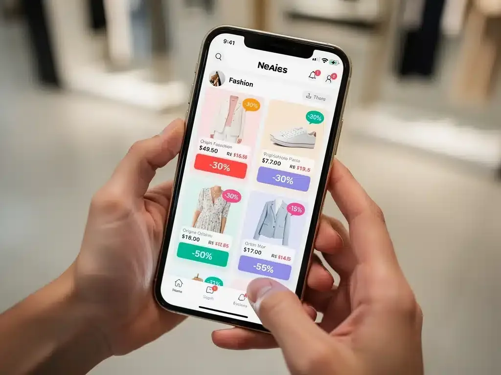 Hands using a smartphone to compare prices and find deals on fashion items, demonstrating strategic online shopping practices.