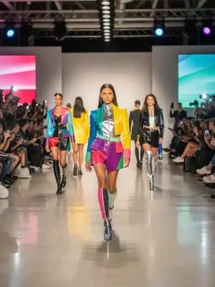 Fashion models on a runway at a US fashion event, showcasing innovative designs and capturing audience attention, symbolizing the dynamic industry.
