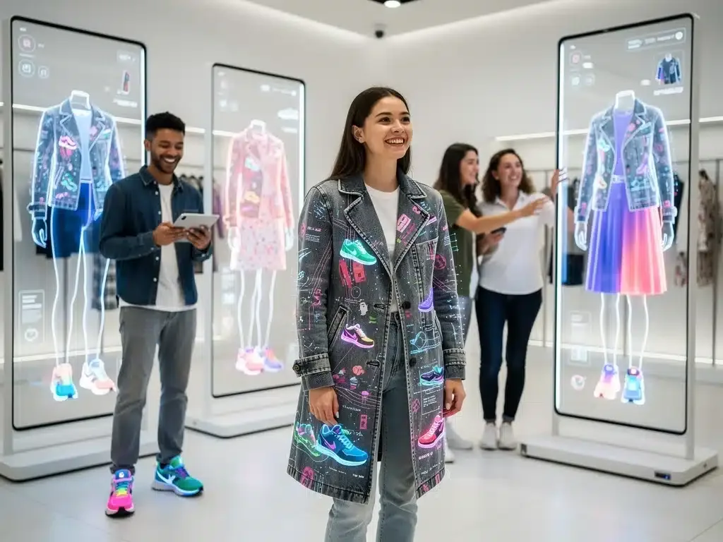 Consumers using augmented reality for fashion try-ons, illustrating digital impact on 2026 US fashion demand.